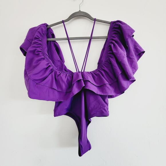 Zara Purple One Piece Swimsuit Bodysuit Top V-Neck Ruffles Cheeky Size Large - Picture 7 of 12
